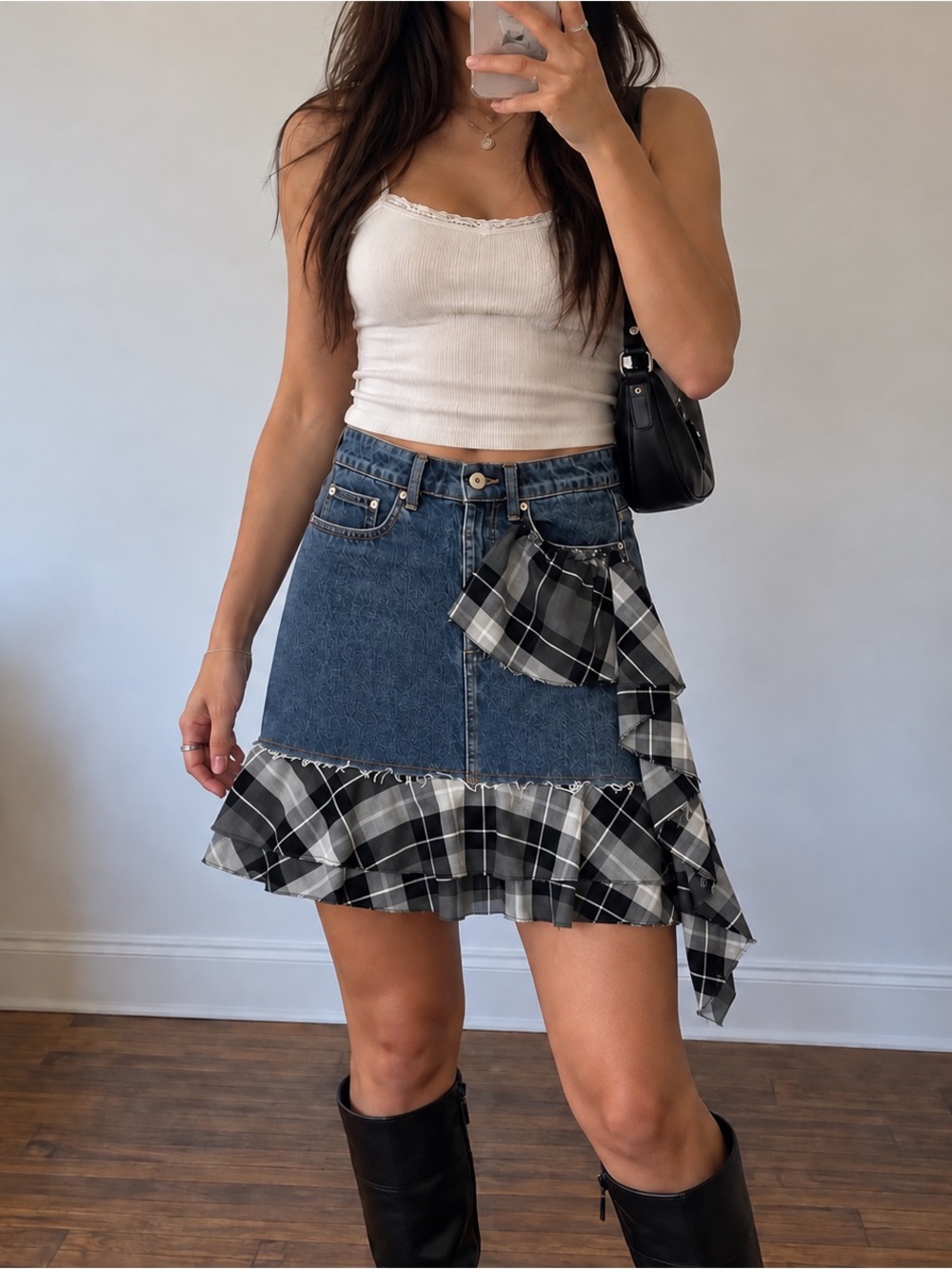 ASA OMO Y2K Denim Plaid Ruffle Asymmetrical Midi Skirt Size M NWT